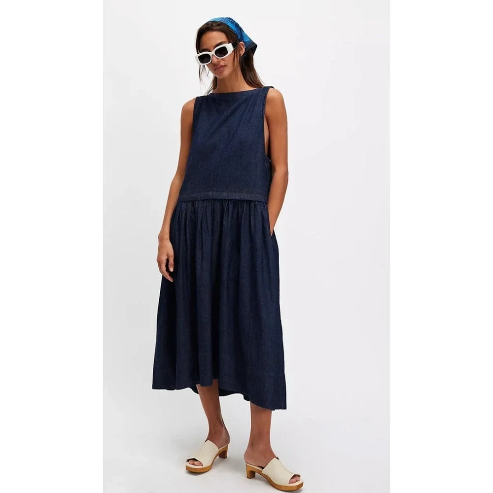 NEW FREE PEOPLE DARK WASH SORAYA DENIM MIDI DRESS SZ S